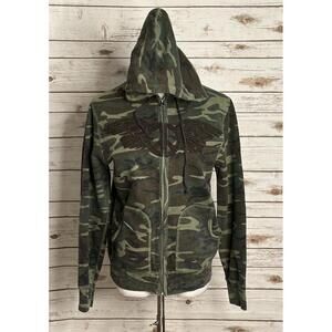 Vintage Lucky Brand military camo embroidered peace sign full zip hoodie Medium